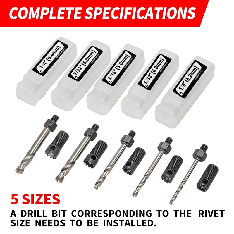 EROSHAK Rivet Removal Tool,POP Rivet Drill Remover,Electric Drill Adapter Rivets Puller for 1/8", 5/32", 3/16", 7/32" and 1/4" - Image 2